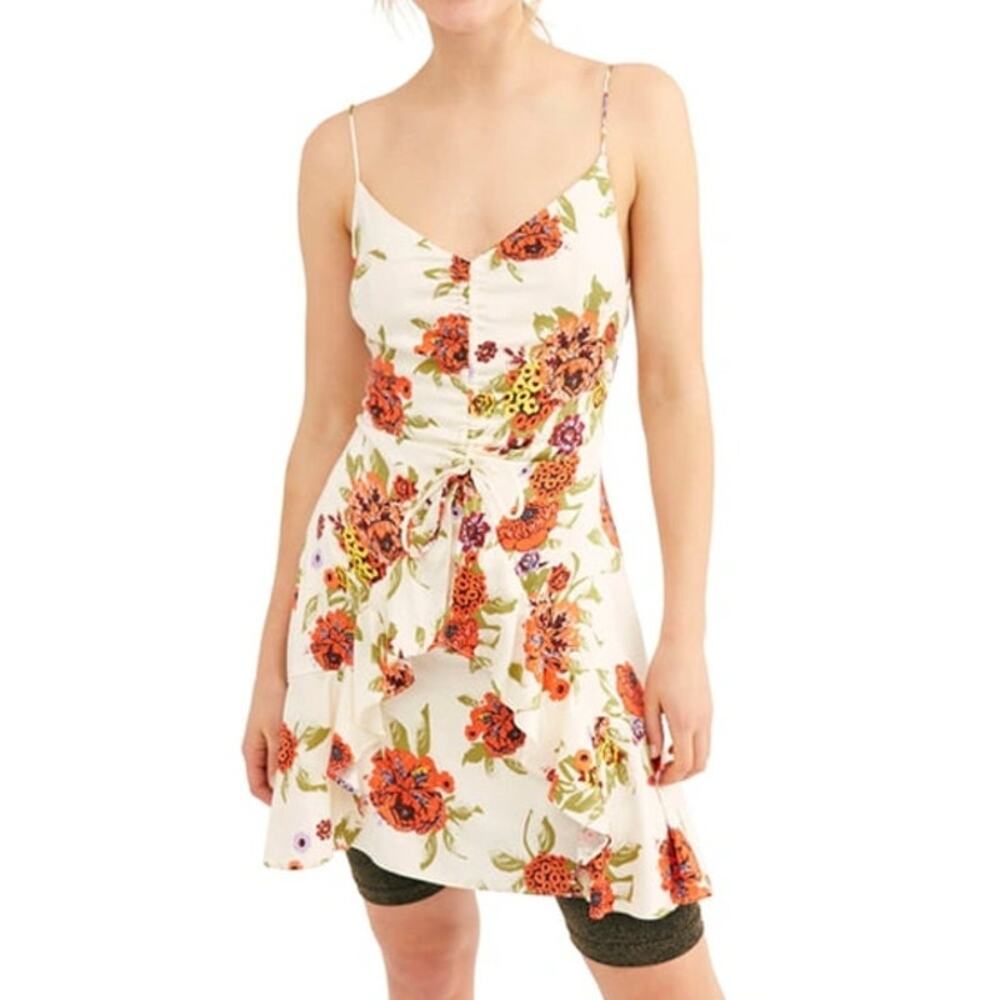 Free People Happy Heart Ruched Floral Cottagecore Slip Mini Dress Size Medium